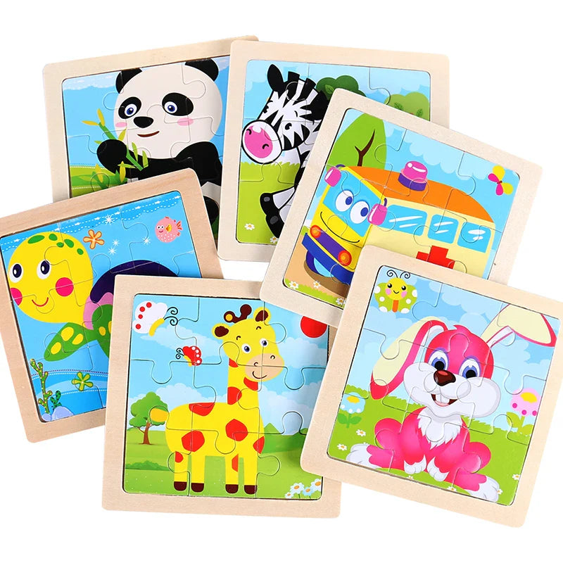 Kids Montessori Jigsaw Puzzle – Cartoon Animal and Vehicle Wooden Set