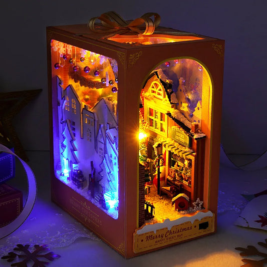 Mini Christmas Cabin Book Nook – DIY Hut Dollhouse Insert Puzzle Gift